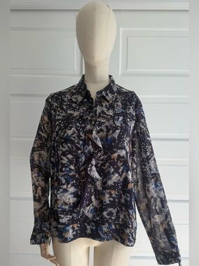 Watercolor Ruffle Soft Sheer Artistic Print State Blouse  Modern Romantic Style